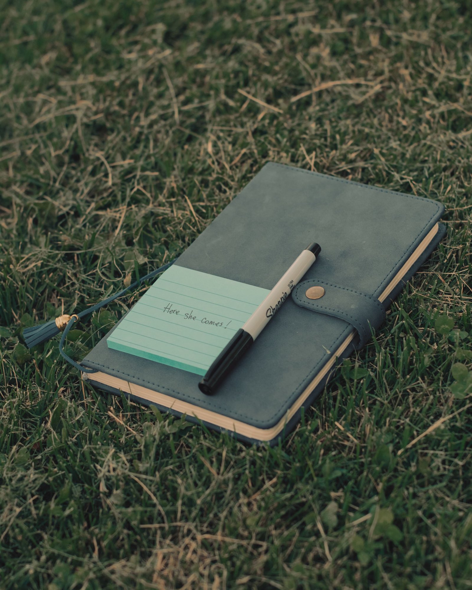 A notebook with a pen and note on grass, ideal for inspiration or outdoor writing themes.